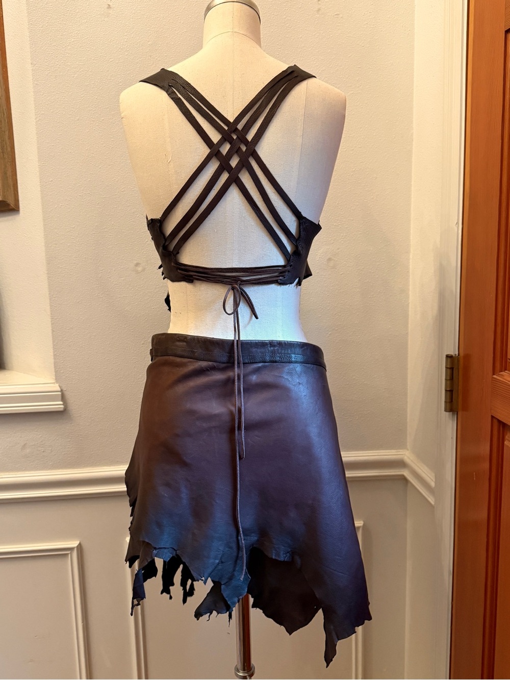 Two Brown Deerskin Leather Women's Halter and Wraparound Skirt Sets | Size S